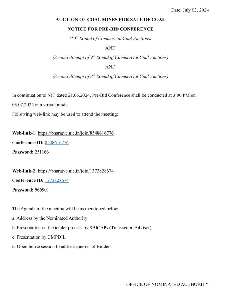 AUCTION OF COAL MINES FOR SALE OF COAL - 03 JULY 2024